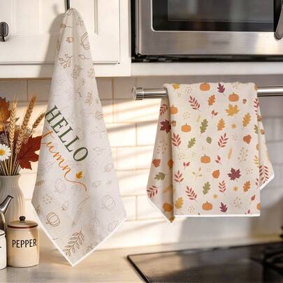 2pcs Kitchen Towels, Simple Autumn Leaf Pumpkin Pattern Microfiber Kitchen Towels, 40*60cm/15.7*23.6in Towels, Single-Sided Print, Kitchen Dish Cloths, Suitable For Restaurant Kitchen Bathroom Decoration, Holiday Gift