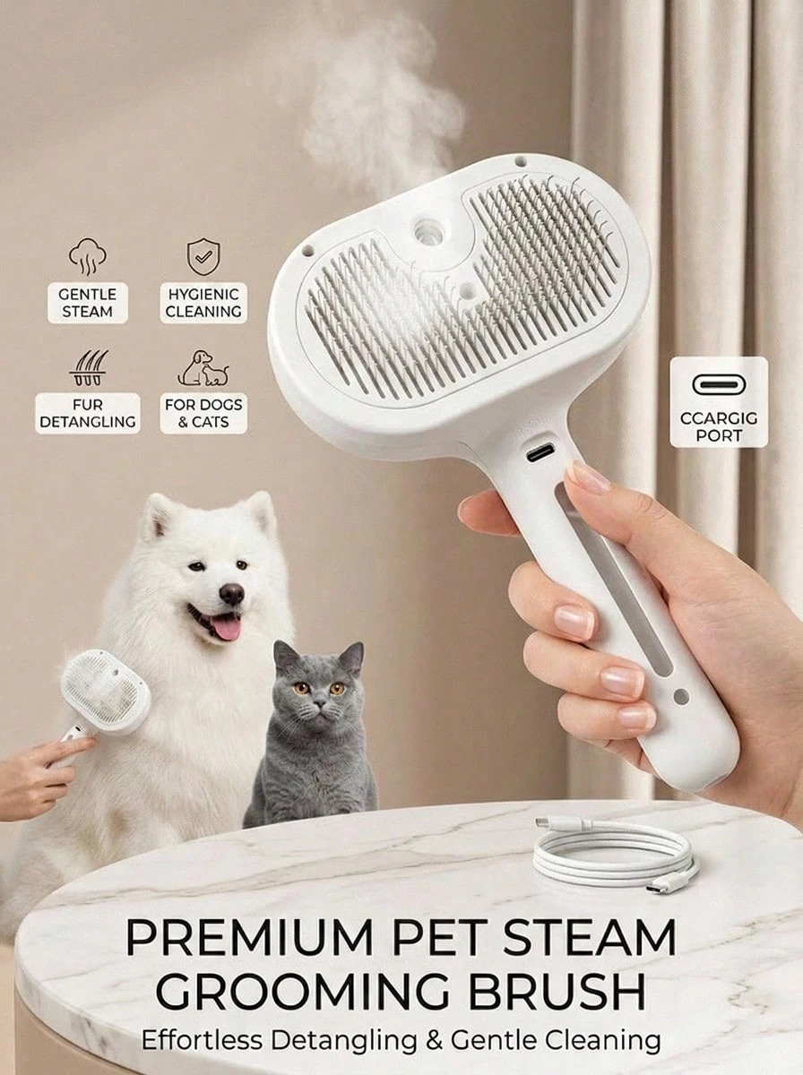 PETSIN 1 Pc Cat Steam Brush, 3 In 1 Cat Brush For Shedding & Grooming, Water Brush For Cats Dogs, Pet Hair Removal Comb For Long Short Haired Small Animal, Self Cleaning Slicker Brush With Release Button, Cat/Dog Steam Brush