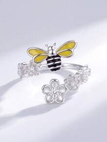 1 pieza Anillo abierto de abeja de plata de ley 925 de moda, con incrustaciones de strass, estilo para mujer, adecuado para uso diario y accesorio de fiesta, anillo de alta calidad - Estilo 3 - Ver 2