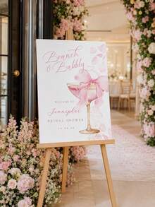 客製化「Brunch & Bubbles」主題新娘婚前派對展示牌－粉色香檳雞尾酒與蝴蝶結裝飾海報；客製化歡迎泡沫板背景牆；優雅花卉、紅酒杯與甜點風格派對裝飾及拍照道具（不含支架） - 彩色 - 查看 3