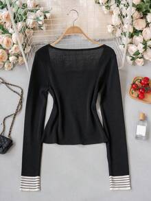Autumn/Winter Casual Korean Sweet Style Square Collar Striped Bow Knit Sweater, Warm Gentle Elegant Versatile Base Layer Black - Black - View 10