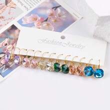 6 Pairs Elegant Cute 14K Gold Plated Colorful Square Rhinestone Candy Pendant Earrings Set, Suitable For Summer Wear, Noble Party Daily Wear, Cubic Zirconia Jewelry, Valentine's Day Mother's Day Birthday Gift, Travel Vacation Beach Accessory - Multicolor - View 5