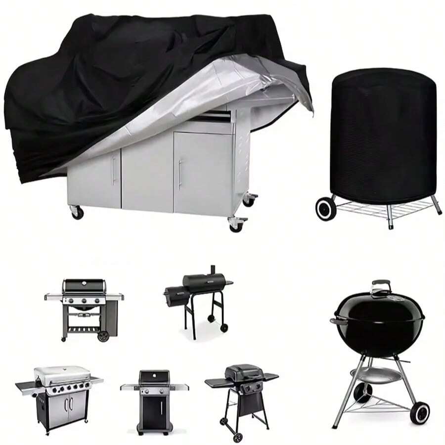 1 Stück schwarze Oxford-Stoff BBQ-Grillabdeckung, UV-beständige Outdoor-Grillabdeckung mit verstellbarem Kordelzug, passend für die meisten Terrassen- und Gartengrills - Schwarz - Übersicht 1