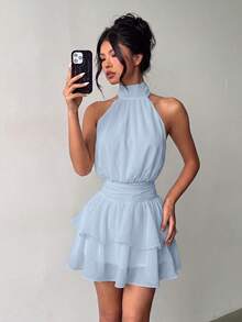 Vestido mini elegante de moda con cuello halter, espalda descubierta y volantes en capas - Boda - Celeste - Ver 3