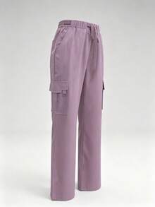 Solid Color Multi-Pocket Pants, Women's Fashionable Commuting Work Pants For Beauty Salons, Pet Shops, Casual Outings, Spring & Summer - Lilac Purple - View 3