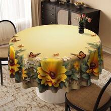 1pc Round Tablecloth With Sunflower And Butterfly Pattern, Perfect For Home Kitchen And Dining Area. This Table Cover Is Also Suitable For Office And Coffee Table. - Round - View 6