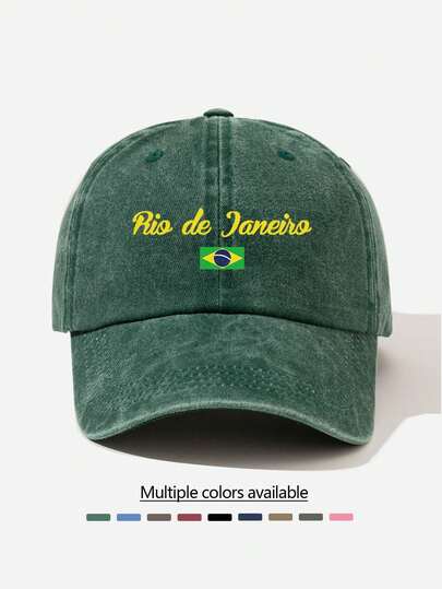 1pc Washed Baseball Cap "Rio De Janeiro Brazil Flag" Letter Print Pattern, American Vintage Style Fashionable Simple Casual Versatile , Highly Attractive All-Season Decorative Item, Essential Fashion Piece For Men And Women, Suitable For Concerts, Music Festivals, Outdoor Activities