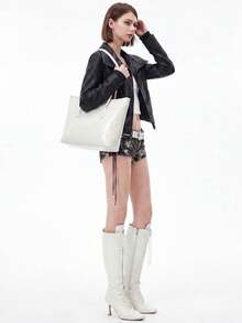 女款肩背托特包，壓紋卡通圖案，長細手柄與標籤裝飾，極簡日常通勤購物包，春夏款 - 白色 - 查看 3