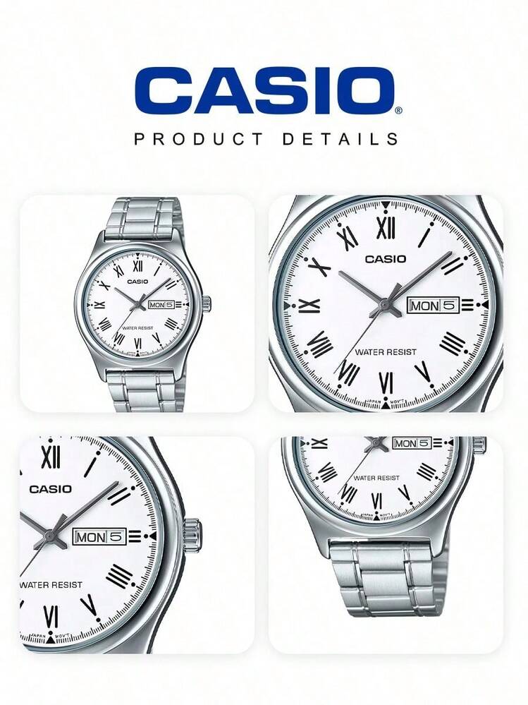 Casio 商務日常必備：男士不鏽鋼石英手錶，白色錶盤，30米防水休閒手錶，MTP-V006D-7B 附日期功能 - 銀色 - 查看 6