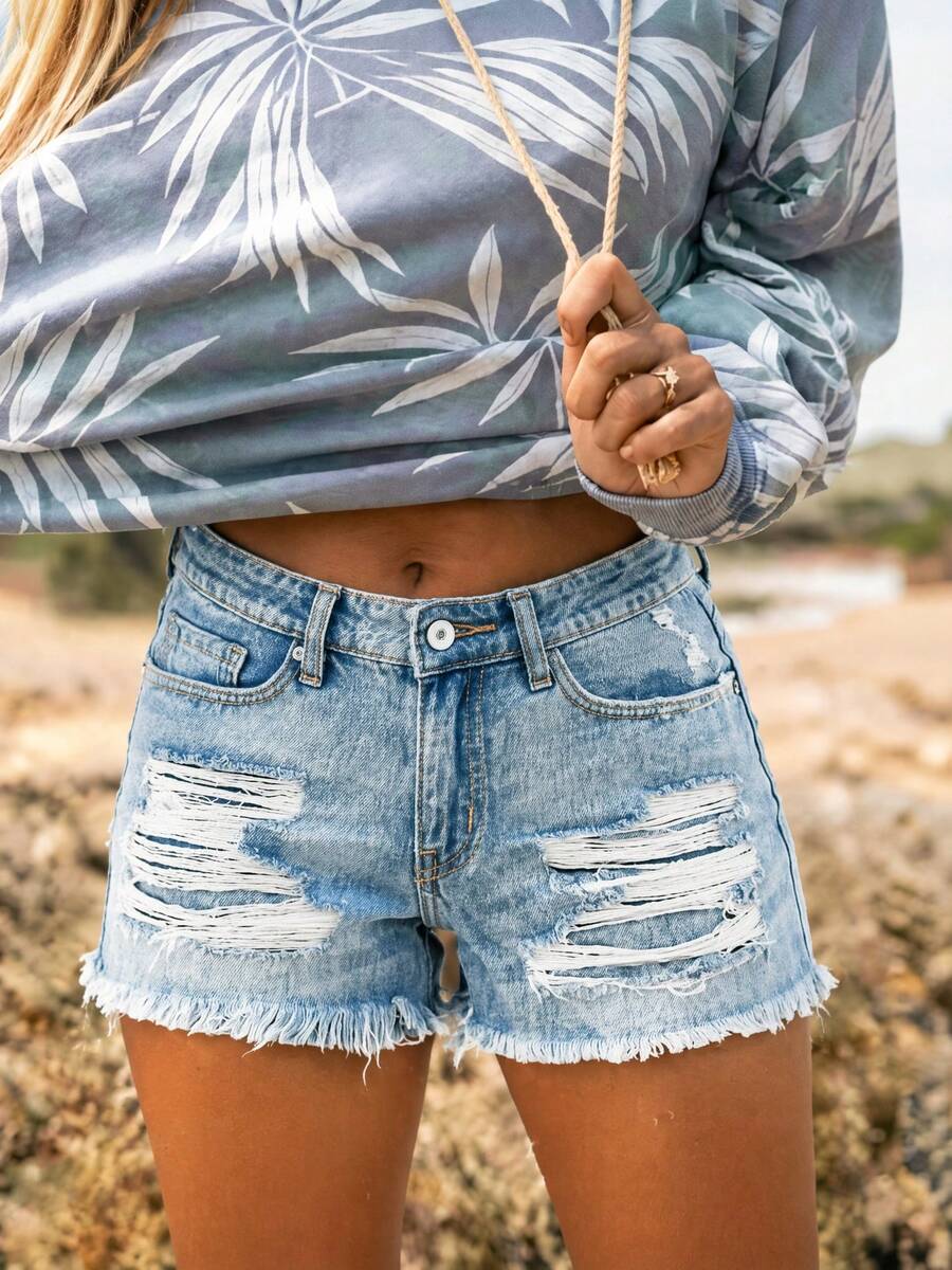 CICILEEDA Shorts For Women Ribbed Denim Shorts Mid Waisted Stretchy Frayed Raw Hem - Màu xanh nhạt - Xem 1