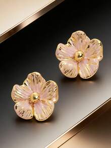 1 Pair Fashionable High-End Elegant Sweet Minimalist Versatile Pink Colorful Oil-Drip Enamel Five-Petal Flower Petal Women's Dopamine Stud Earrings Suitable For Daily Wear, Vacation, Friend Gift - Pink - View 3