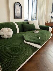 1pc Solid Color Classic Minimalist Striped Sofa Cushion, All-Season Anti-Slip Breathable Machine Washable, Pet-Friendly, Suitable For Living Room, Bedroom 1/2/3/4 Combination Sofa Home Decor Protection - Dark Green - View 2
