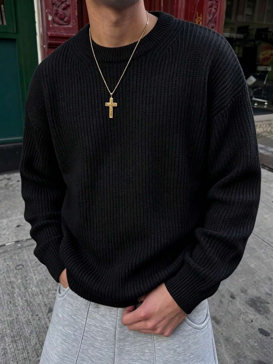 ANDREILEE 男士休闲纹理圆领毛衣,宽松保暖套头衫,适合春、秋、冬季穿着 - 黑色 - 查看 1