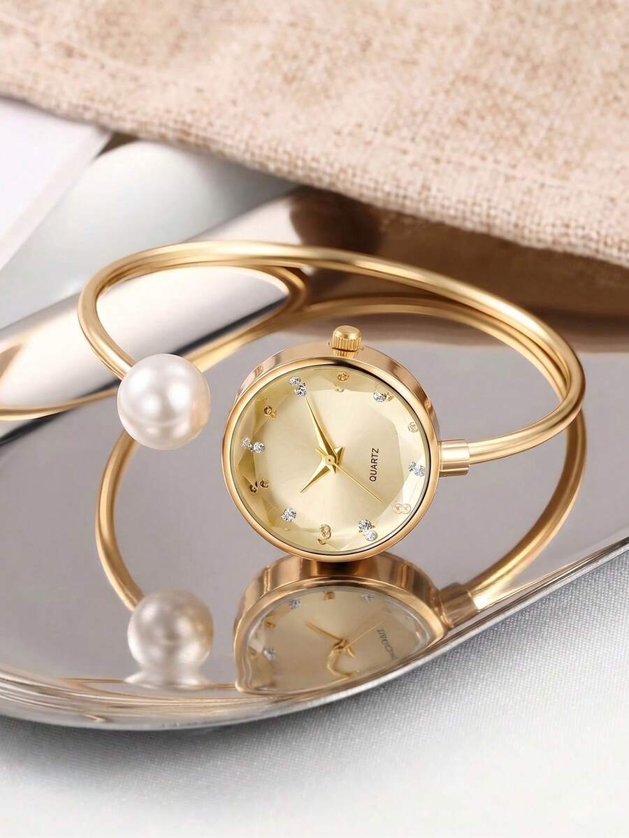 1件女款腕錶,復古經典極簡奢華圓盤,可調節錶帶 + 1顆珍珠,適合日常穿著、假日派對、情人節、婚禮、週年紀念、聖誕節等場合,或作為送給家人和女友的最佳節日禮物 - 金色 - 查看 1