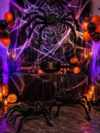 XXL/XL/L/M/S Black Oversized Plush Spider Decoration, Giant Bendable Plush Spider Web Decor With Red Eyes, Suitable For Halloween Party Supplies, Outdoor Yard, Porch And Garden Haunted House Scenes And Holiday Decoration