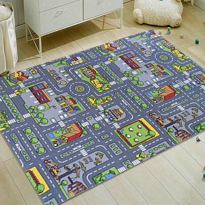 's Village Mat Rugs Town Road Map City Car Toy Rug Play 80 X 120cm