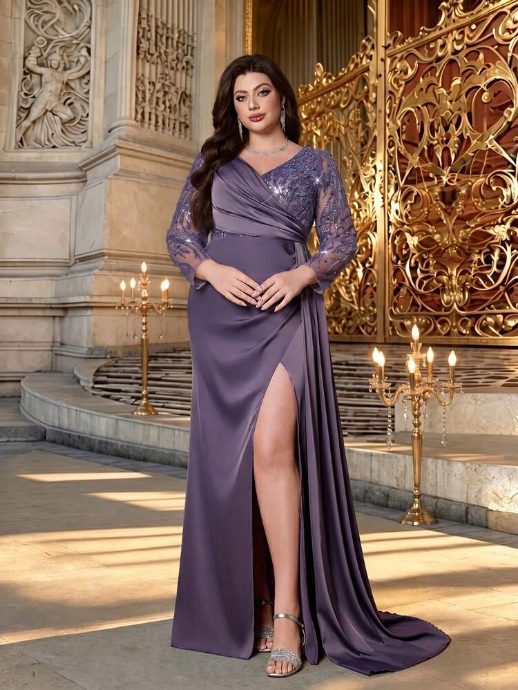 Mgiacy Women Plus Size Elegant Purple Satin Sequin Lace V-Neck