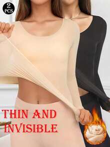 2pcs Women's Seamless Thermal Underwear Top, Lightweight Invisible Elastic Long Sleeve Base Layer Shirt, Autumn/Winter Warmth - Multicolor - View 1