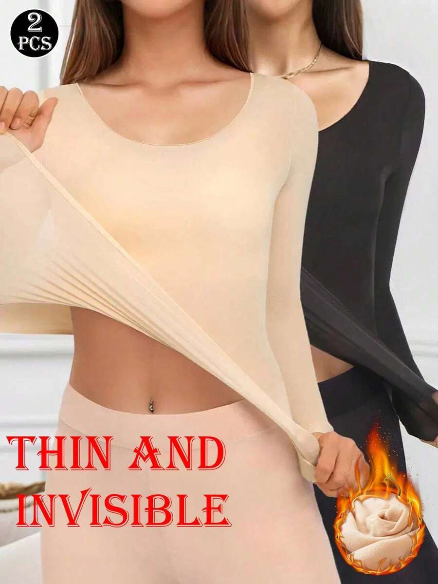 2pcs Women's Seamless Thermal Underwear Top, Lightweight Invisible Elastic Long Sleeve Base Layer Shirt, Autumn/Winter Warmth - Multicolor - View 1