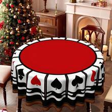 1pc Poker Theme Round Tablecloth, Suitable For Home Kitchen And Dining Room, Decorative Tablecloth, Ideal For Office And Coffee Table, Holiday Red Background With Heart And Spade Symbol Print - Round - View 1