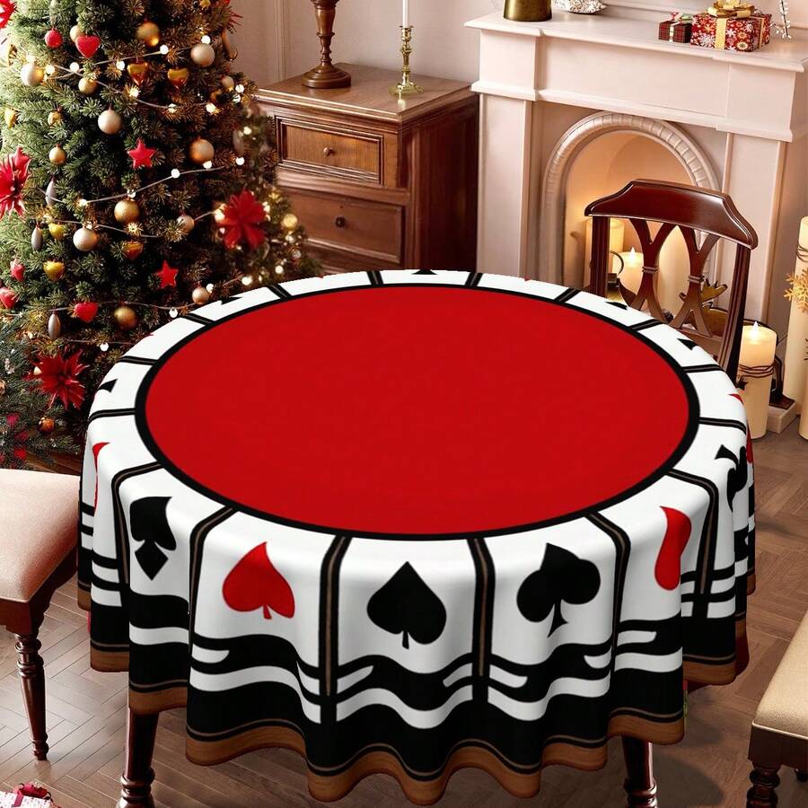 1pc Poker Theme Round Tablecloth, Suitable For Home Kitchen And Dining Room, Decorative Tablecloth, Ideal For Office And Coffee Table, Holiday Red Background With Heart And Spade Symbol Print - Round - View 1