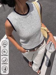 Fall Winter Women Light Grey Crew Neck Knit Vest Xmas New Year Sleeveless Layering Top - Light Grey - View 2