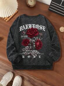 2pcs/Set Boys Outfit, Crew Neck Rose Print Sweatshirt Paired With Simple Casual Cargo Pants, Autumn/Winter New Style, Suitable For School And Daily Wear - Black - View 5