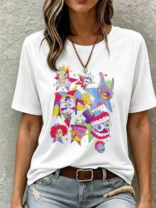 Plus Size Women's Colorful "Magic Number" Cartoon Print T-Shirt, Casual Daily, Summer White - White - View 6