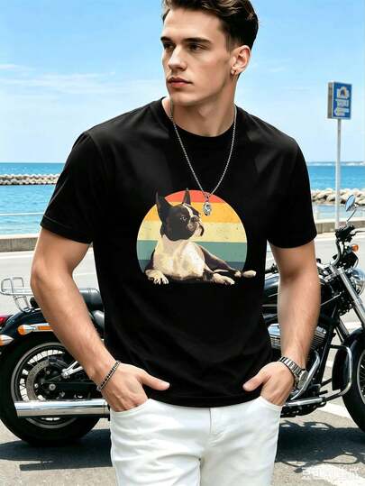 Vintage Boston Terrier Dog Graphic Quality Fabric, Easy Fit, Casual, Comfortable, Statement Print