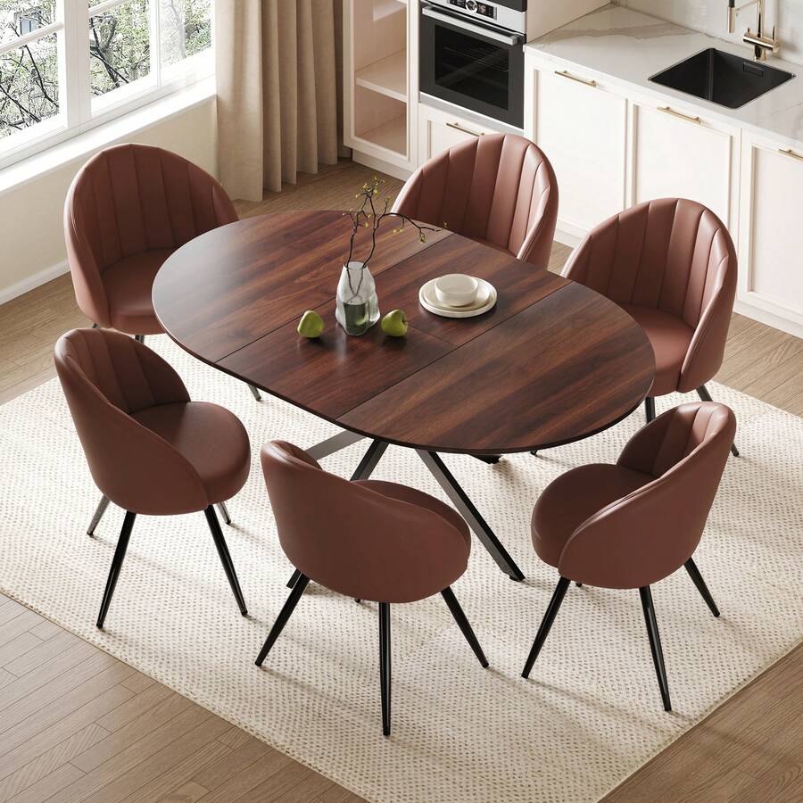 Extendable Dining Table And Chairs Set Of 4/Set Of 6, Round Table With Upholstered Brown PVC Chairs For Dining Room,Kitchen - Brown Table + Brown PVC Chair - View 1