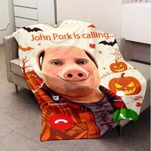 「John Pork Is Calling」法蘭絨毛毯－可愛豬圖案萬聖節毛毯 - 白色 - 查看 2