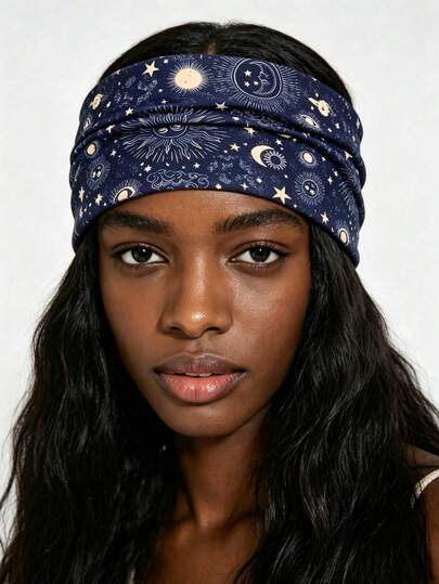 Women's Stylish Multicolored "Night Sky" Knot-Front Wide Elastic Headband – Non-Slip, Sweat-Wicking For Sports, Yoga, And Outdoor Activities (1-Pack)