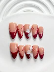 10 piezas de uñas postizas de estilo vintage hechas a mano, set de arte de uñas de polygel, flores pintadas a mano en blanco con líneas rojo oscuro, esmalte de uñas rojo, estilo minimalista, incluye herramientas para uñas, 3 tamaños disponibles, forma cuadrada/cuadrada corta/almendra, adecuado para fiestas, baile, uso diario - Multicolor - Ver 15