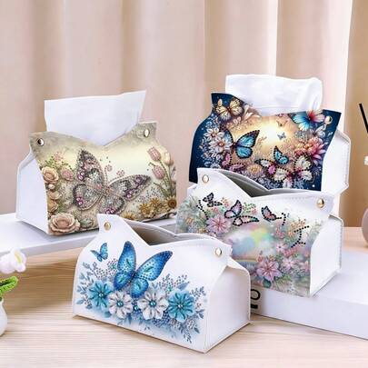 1pc Diamond Painting Kit Tissue Box, Butterfly & Flower Theme Pattern, PU Leather Material With Round Diamond Mosaic Craft, Home Desktop Decor Ornament, Gift For Best Friend New Home Soft Decoration, Multi-Functional Tissue Storage Box