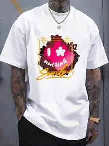 Streetwear Style, Men's T-Shirt, Abstract Smile Graphic Print, Casual Summer Clothing, % Cotton, Urban T-Shirt - White - View 2
