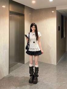 女款女孩風蕾絲飾邊拼接波點短袖T恤 夏季新款修身顯瘦甜辣方肩上衣 白色 - 白色 - 查看 1