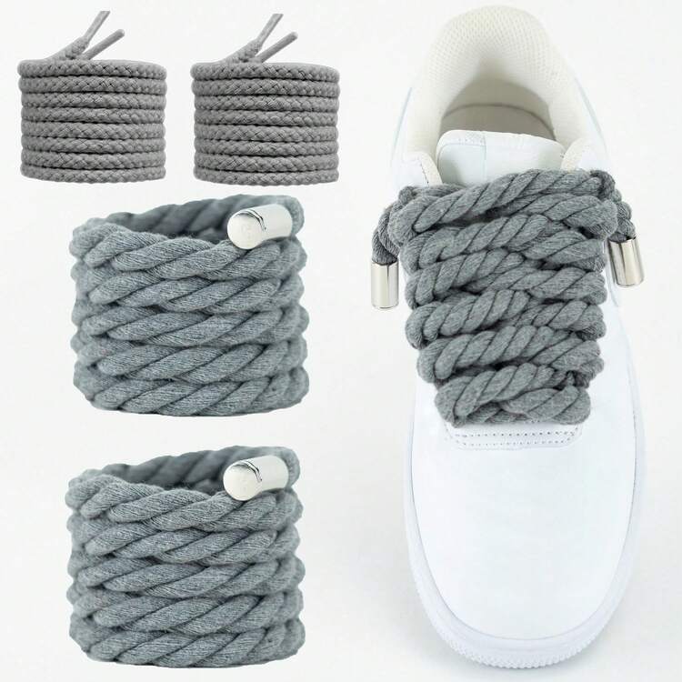 2 Pairs Round 8mm/5mm Solid Color Handmade Braided Rope Thick Sole Sneakers Chunky Sneakers - 10mm + 5mm Dark Gray Cotton Rope With Silver Metal Tip - View 17