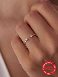 1pc S925 Sterling Silver Minimalist Plain Band Open Ring With Rhinestones, Korean Ins Cold Style, Fashionable Unique Niche Design, Adjustable Line Joint Ring, Sweet Fresh Versatile Elegant, Stackable Delicate Small Index Finger Ring, Pinky Ring - Diamond - View 7