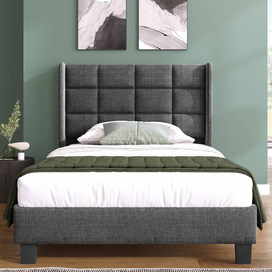 Modern Bed Frame With Linen Grey Cover - 90x200cm - 灰色 - 查看 1