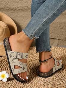 2026 New Minimalist Metal Decor One-Strap Flat Slide Sandals For Women, Summer Outdoor Wear, Soft Sole Slip-On Sandals, Versatile Open Toe Beach Slides For Home And Commuting - Beige - View 4