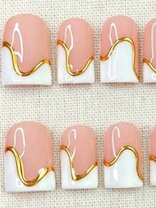 10pcs Y2K Square Nail Sticker Set, Handmade Pink & White French Press-On Nails, Hand-Painted Asymmetrical French Edge With 3D Gold Pattern, Exquisite Glossy Elegant Fake Nails, Suitable For Party & Daily Wear, Women & Girls Holiday Gift - Multicolor - View 4