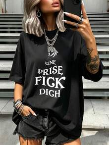 Plus Size Women's Casual Slogan Print Round Neck Short Sleeve T-Shirt, Artistic Finger Pattern Black Summer - Black - View 9