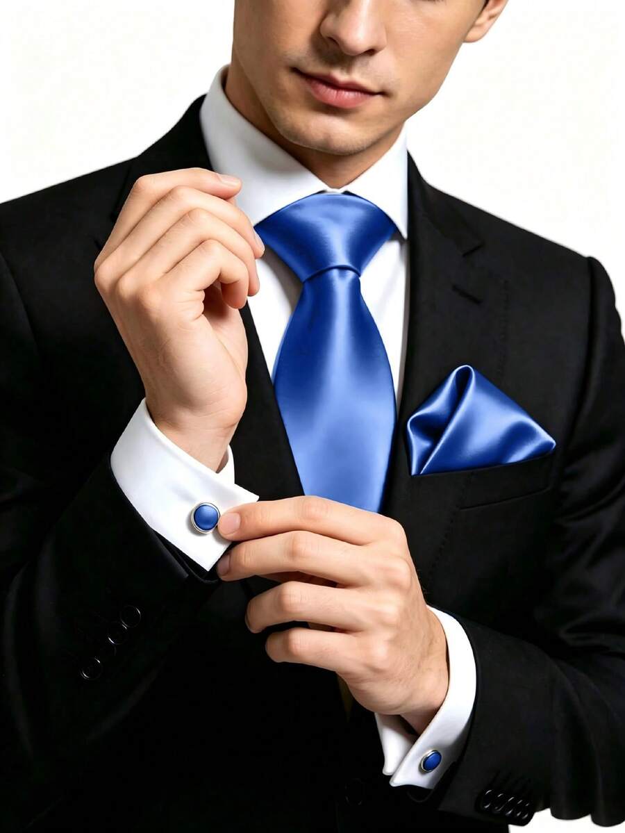 1套男士8cm緞面領帶、口袋巾與袖扣套組,適合商務會議、婚禮派對新郎領帶套組 - 霧霾藍 - 查看 1