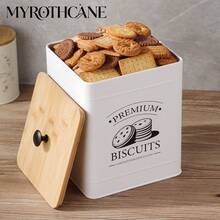 Myrothcane 1pc Vintage White Metal Biscuit Tin With Bamboo Lid, Large Square Cookie Storage Canister, Airtight Snack Container For Cookies, Candy, Nuts, Tea, Kitchen Pantry Organizer, Retro Printed Food Storage Jar For Home Baking - White - View 5