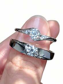 ConiiW Sepasang cincin perak sterling 925 berkualitas tinggi dengan moissanite 0,5 karat, cocok untuk kencan sehari-hari, acara formal, dan pertunangan. - Perak - View 3