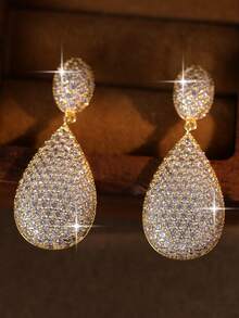1 Pair Luxury Elegant Cubic Zirconia Water Drop Pendant Earrings, Fashionable Women's Jewelry, Suitable For Daily Wear, Party, Gift, Travel - Yellow Gold - View 5