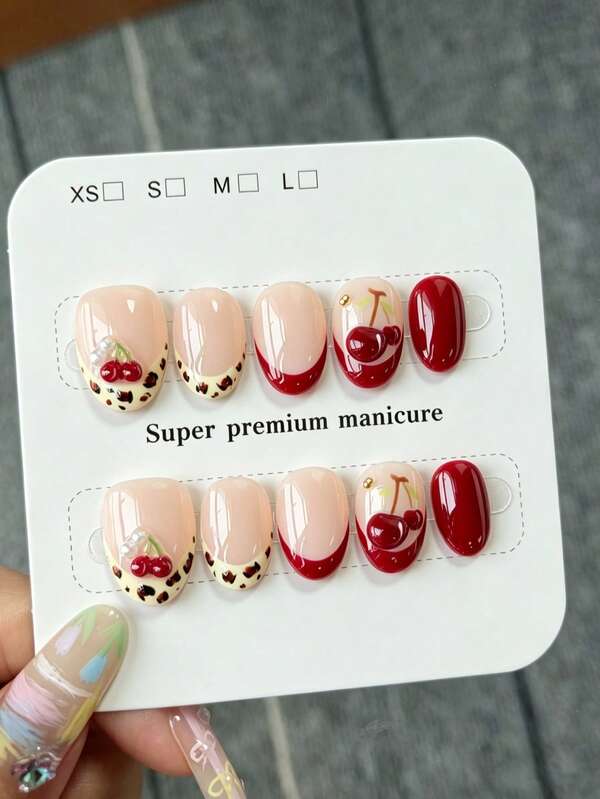 10Pcs Handmade Short Oval Press On Nails, Sheer Nude Base, Cream Leopard French, Solid Burgundy, Burgundy Curved French, Glossy 3D Cherries With Tiny Gold Beads, Sweet Playful Retro Fruit Daily Style