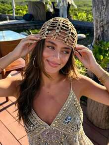 1pc Y2K Style Handmade Knitted Mesh Hat, Cute Casual And Fashionable, Decorated With Sequins And Breathable, Ins Style Sequined Hollow Knitted Bucket Hat Korean Version Versatile Face-Slimming Slouchy Hat , Suitable For Travel, Photography And Daily Wear, Fisherman Hat Style - Multicolor - View 4