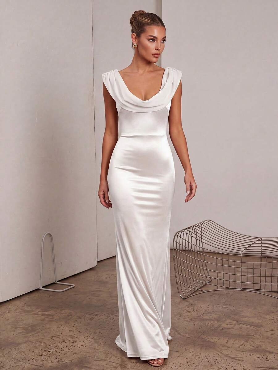 Basrey Neues elegantes weißes einfarbiges Maxikleid mit Taillenbindung, V-Ausschnitt und offenen Schultern, geeignet für Hochzeiten, Partys und formelle Anlässe im Frühling