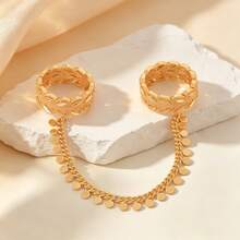 1 pezzo Anello doppio collegato con design vintage di foglie arabe e catena con nappe a moneta, per donne, regalo di gioielli per Eid, Ramadan, matrimonio, festa e uso quotidiano - Dorato - Visualizzare 4
